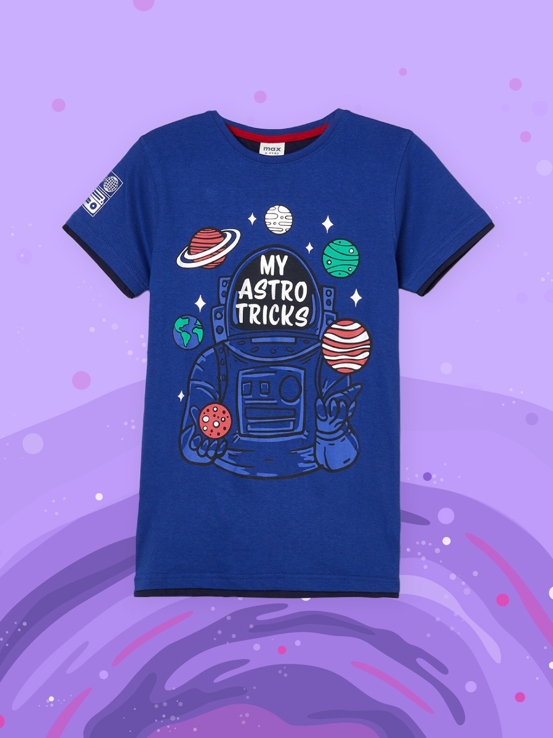 

max Boys Blue & White Printed Pure Cotton T-shirt