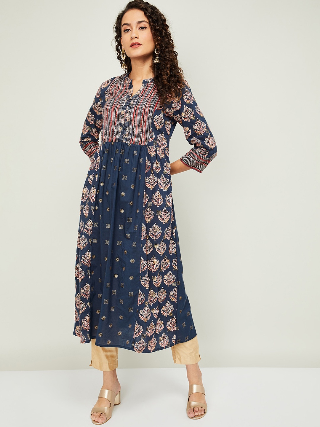 

Melange by Lifestyle Women Navy Blue & Red Ethnic Motifs Printed Cotton A-line Kurta