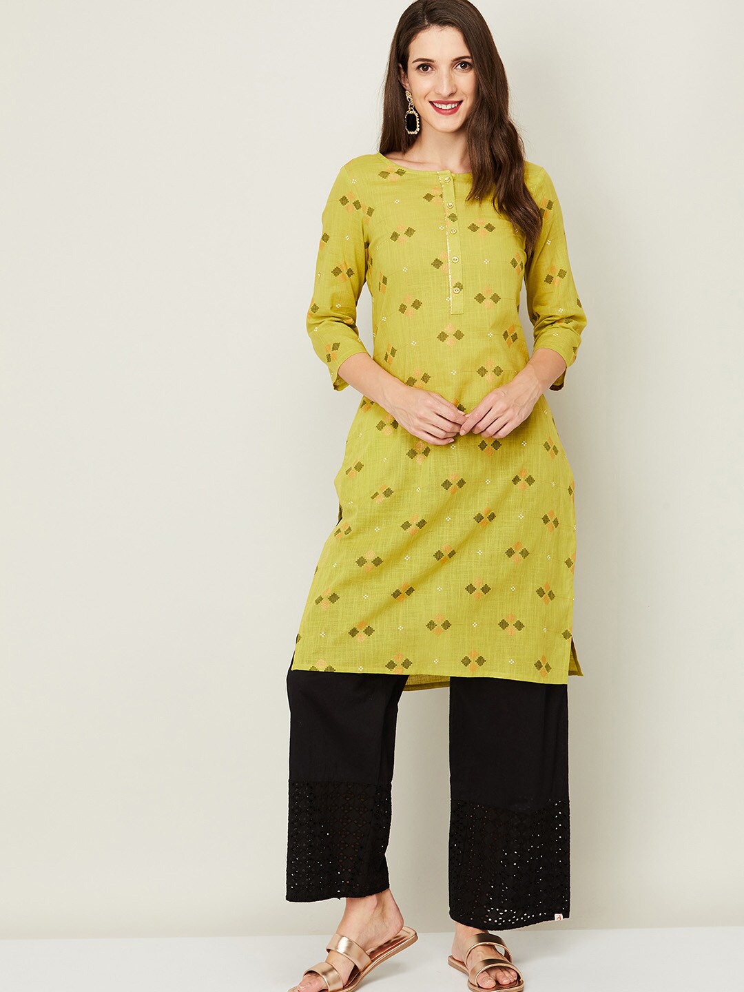 

Melange by Lifestyle Women Yellow Floral Cotton Kurta