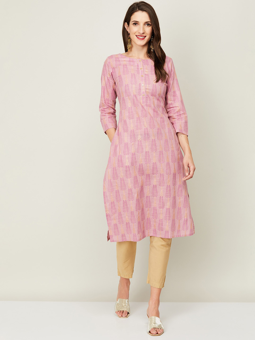 

Melange by Lifestyle Women Mauve & Beige Ethnic Motifs Cotton Kurta