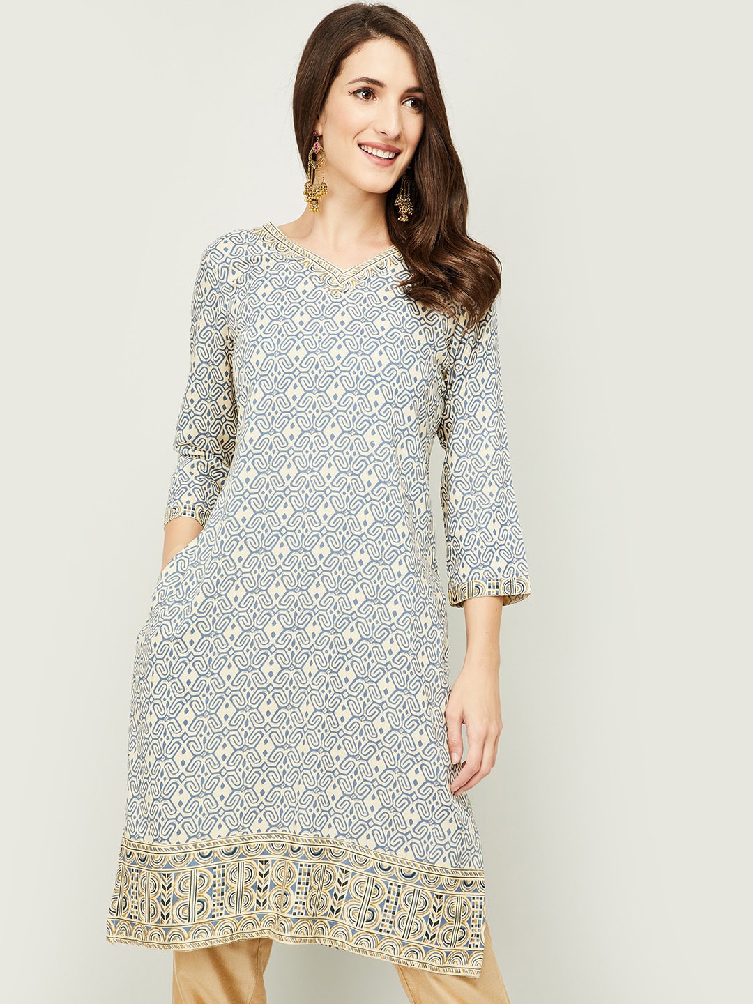 

Melange by Lifestyle Women Blue & Beige Ethnic Motifs Printed A-line Kurta