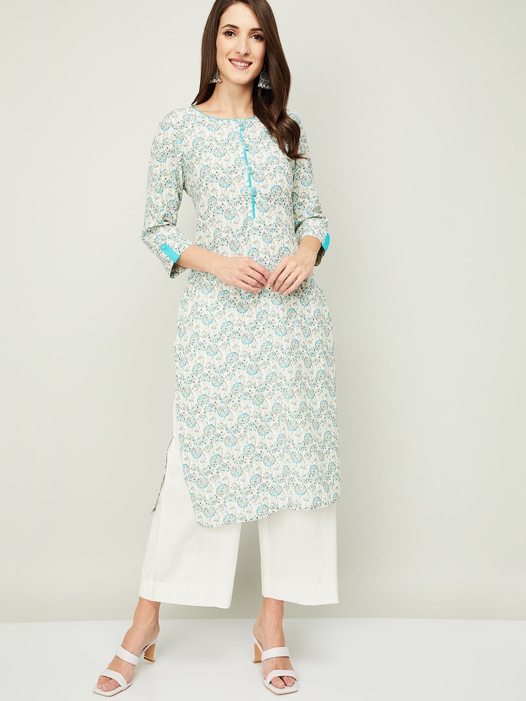 

Melange by Lifestyle Women White Ethnic Motifs Striped Flared Sleeves Chikankari Kurta