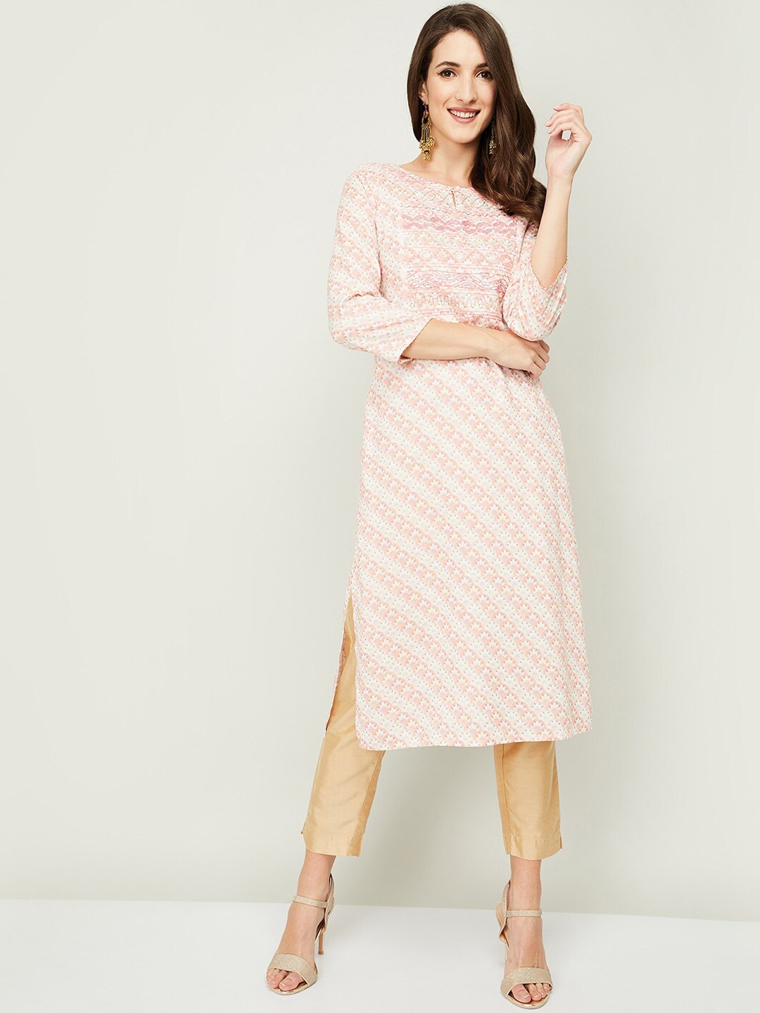 

Melange by Lifestyle Women White & Pink Floral Printed Kurta