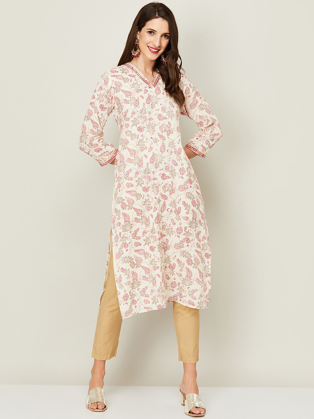 

Melange by Lifestyle Women Off White & Pink Floral Printed Kurta