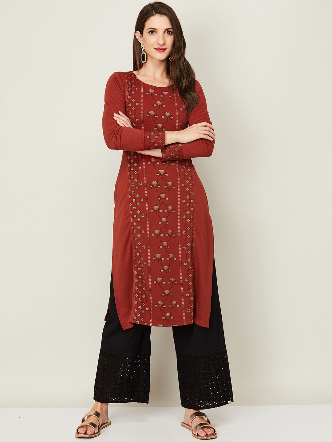 

Melange by Lifestyle Women Brown & Off White Floral Printed Kurta