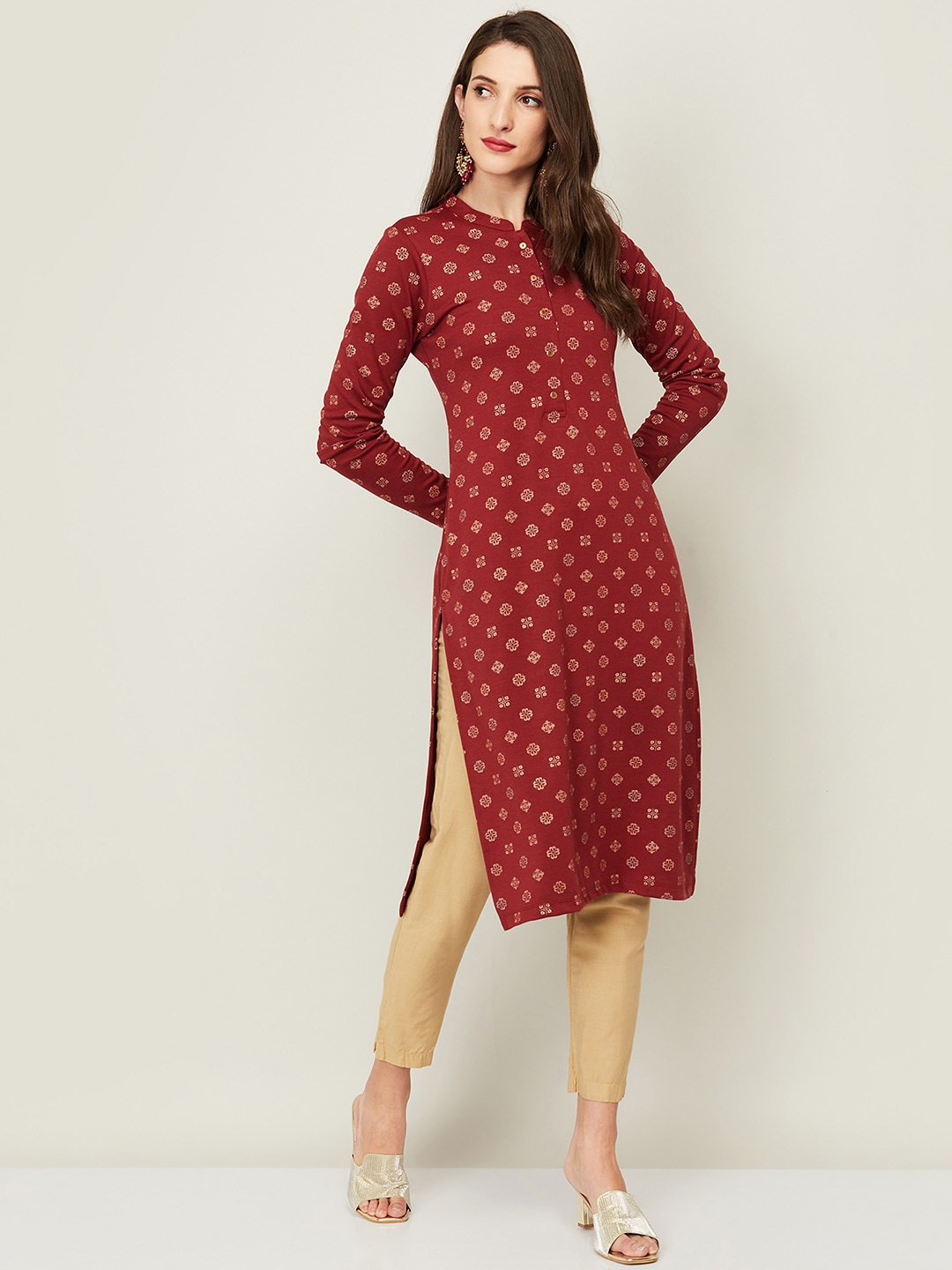 

Melange by Lifestyle Women Maroon & Gold-Toned Ethnic Motifs Printed Kurta