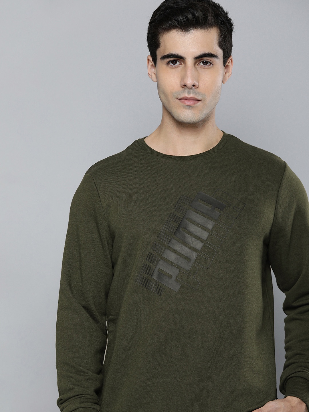 

Puma Men Olive Green & Black Power Logo Crew Neck Regular fit Printed Sweatshirt
