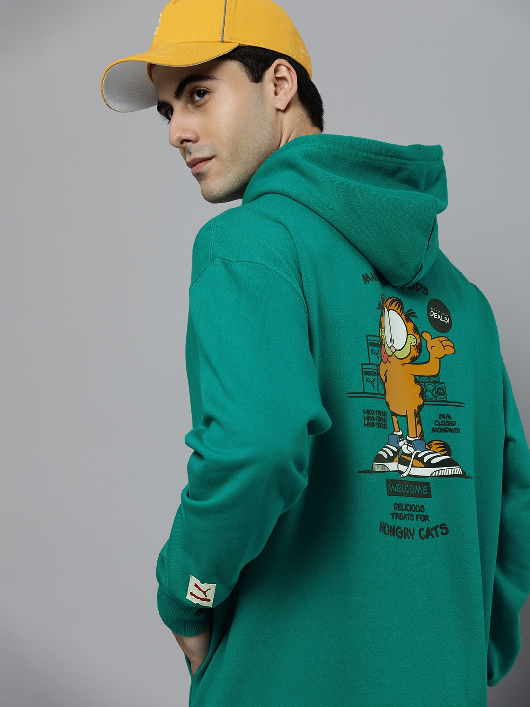 

Puma Men Green Graphic Printed Pure Cotton Garfield Hooded Pullover Sweatshirt