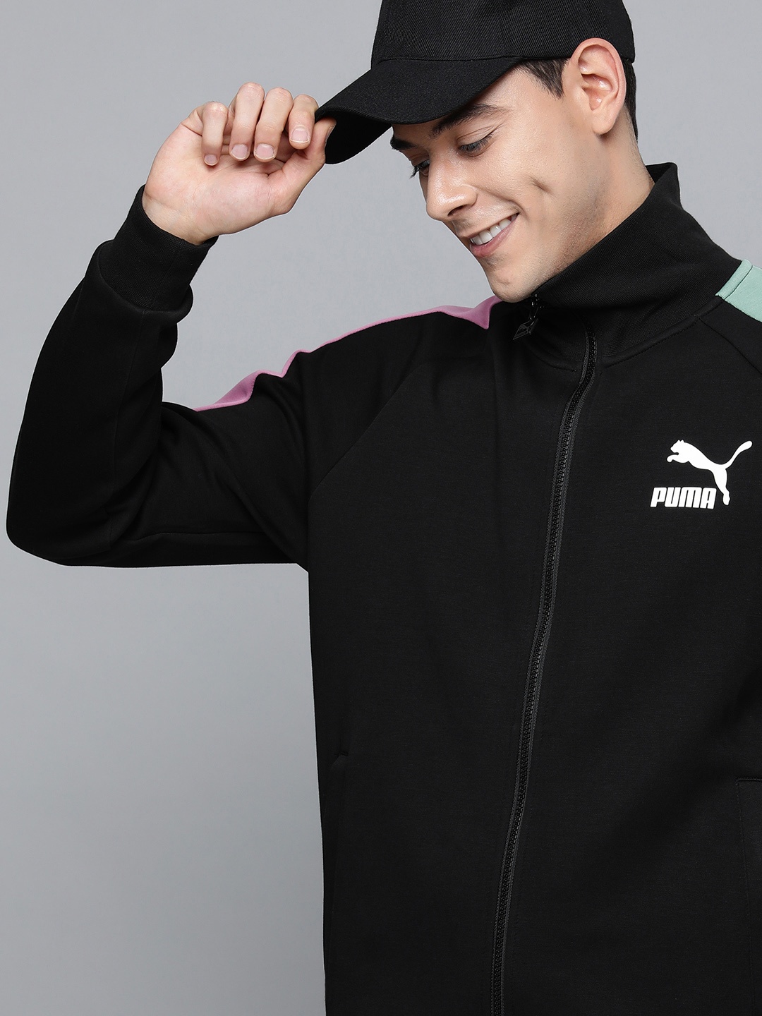 

Puma Men Black Brand Logo Iconic T7 Double Knit Biker Track Sustainable Jacket