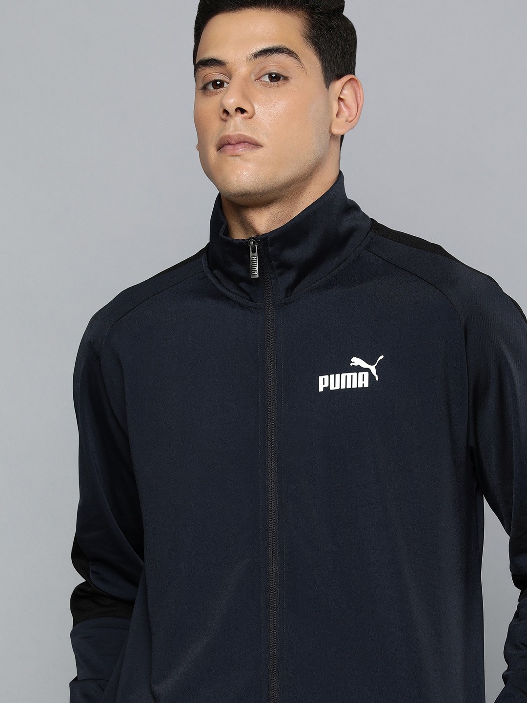 

Puma Men Navy Blue & Black Regular Fit Colourblocked High Neck Sustainable Tracksuit