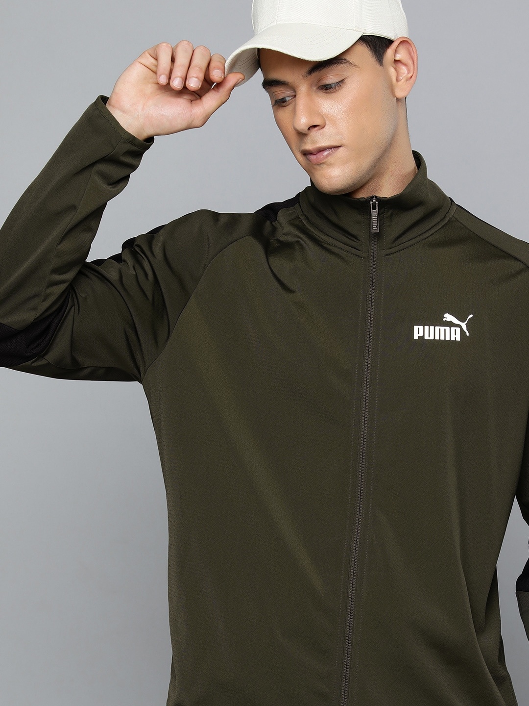 

Puma Men Olive Green Colourblocked High Neck Casual Sustainable Tracksuite