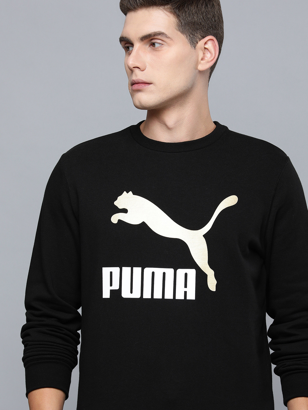 

Puma Men Black & White Classics Metallic Logo Crew Printed Sweatshirt