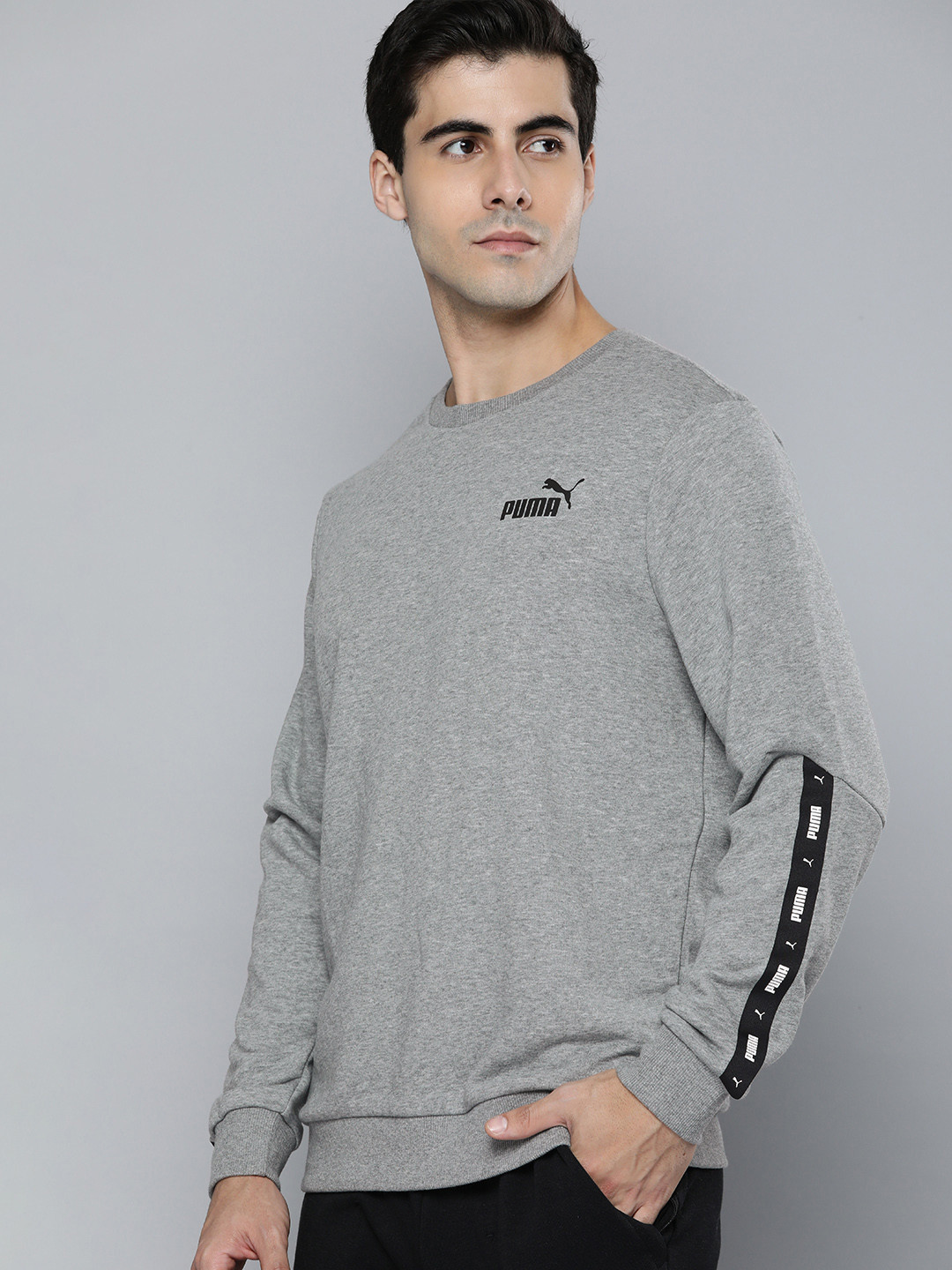 

Puma Men Grey Brand Logo Printed Tape Crew Pullover Regular Fit Sweatshirt