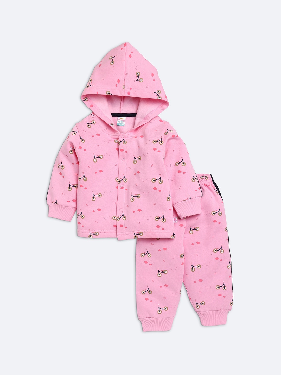 

AMUL Kandyfloss Kids Pink & Black Printed Cotton Hooded Night Suit