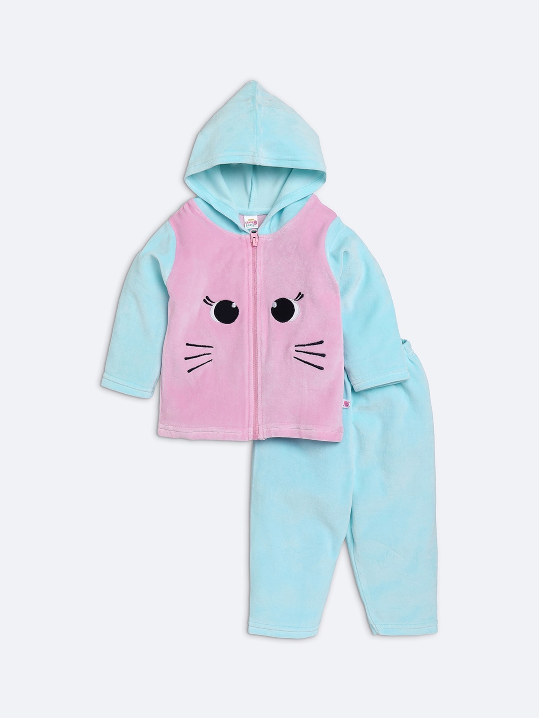 

AMUL Kandyfloss Unisex Kids Blue & Pink Printed Pure Cotton Hoodie Night suit