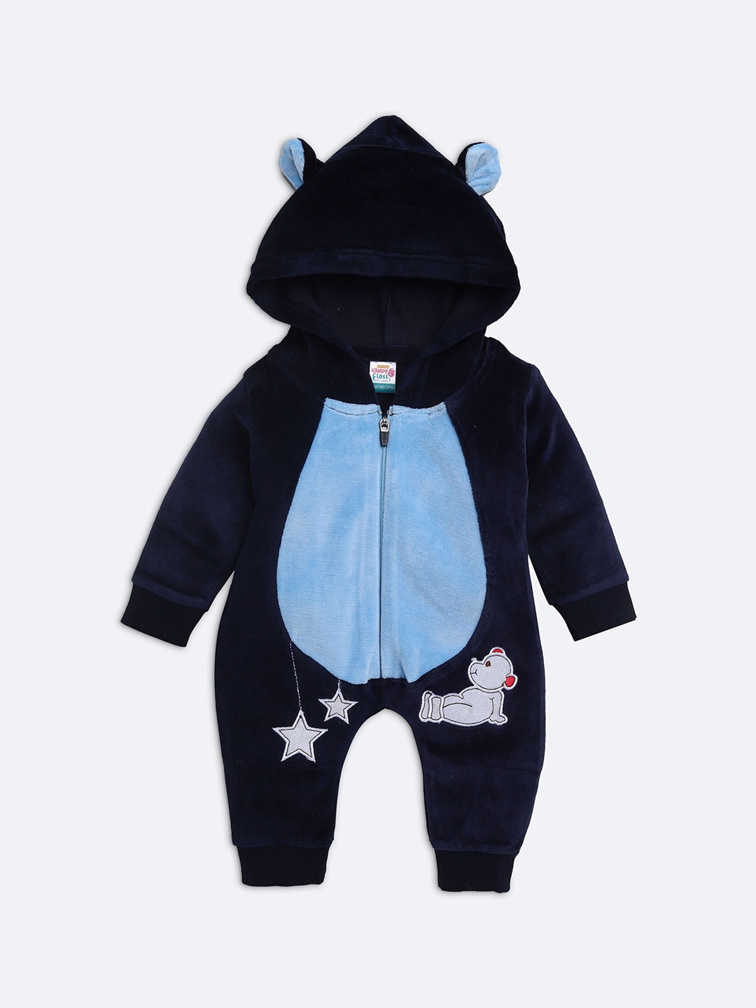 

AMUL Kandyfloss Unisex Kids Navy Blue Printed Hooded Romper