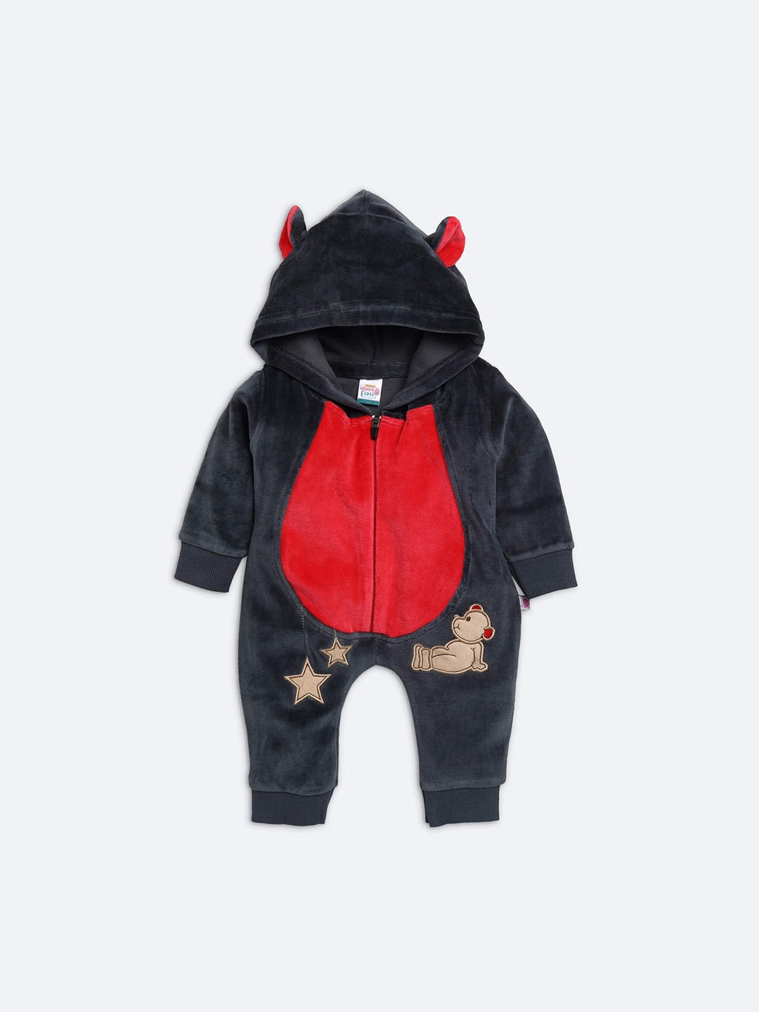 

AMUL Kandyfloss Unisex Kids Charcoal & Red Hooded Romper