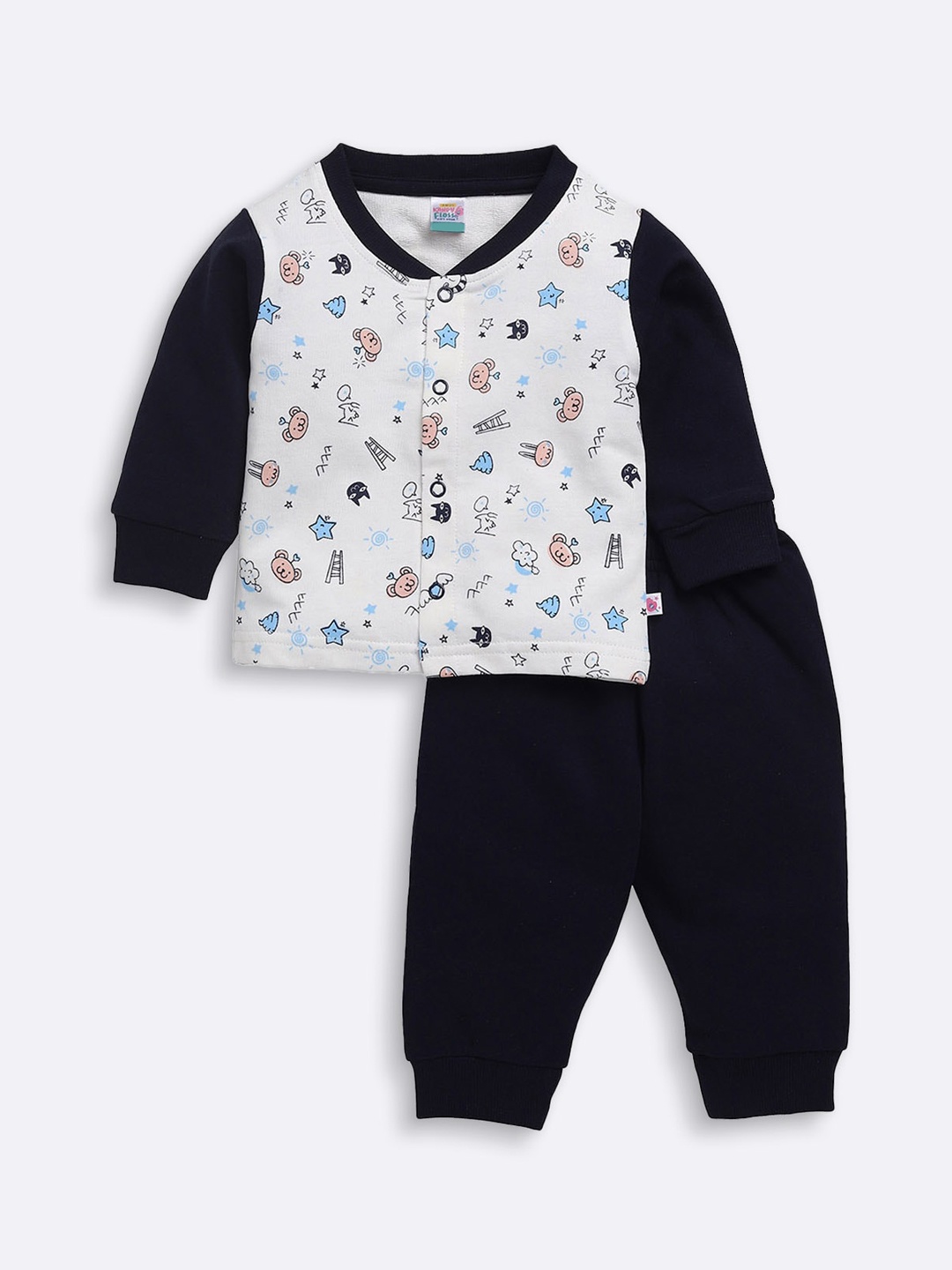 

AMUL Kandyfloss Unisex Kids Navy Blue & White Graphic Printed Winter Set Night suit