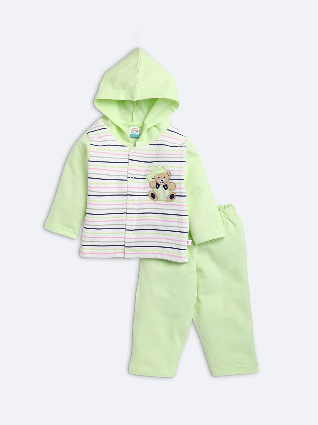 

AMUL Kandyfloss Unisex Kids Green & White Printed Cotton Hooded Night suit