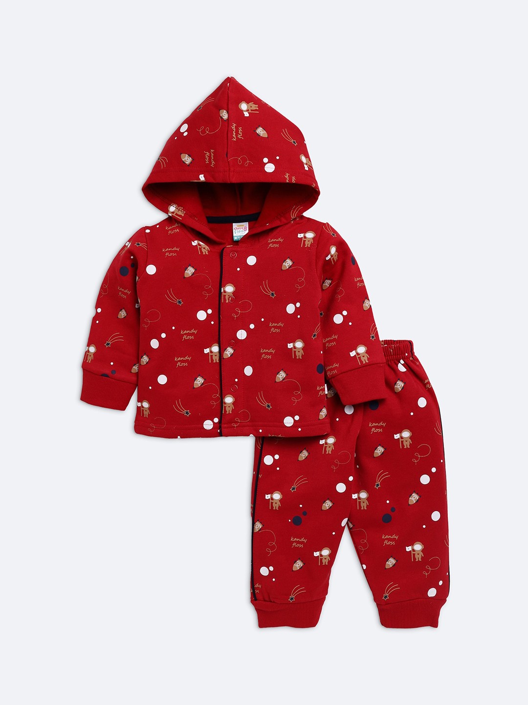 

AMUL Kandyfloss Kids Red & White Printed Pure Cotton Hooded Night suit