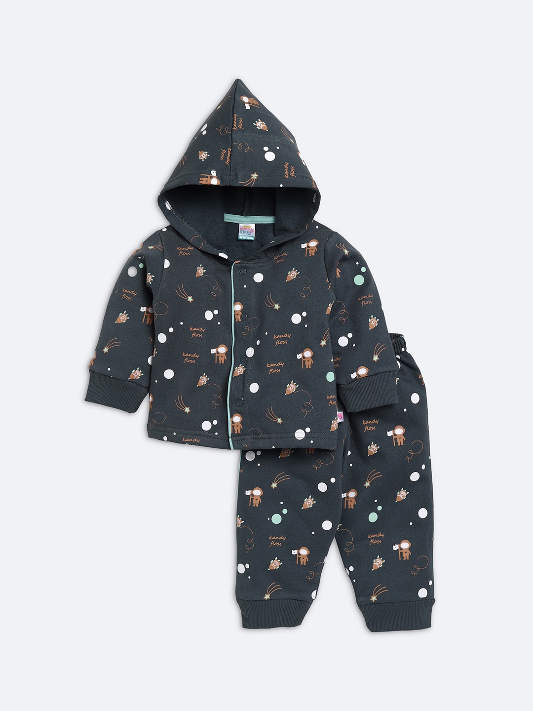 

AMUL Kandyfloss Unisex Kids Charcoal Graphic Printed Hoodie Winter Set Night suit