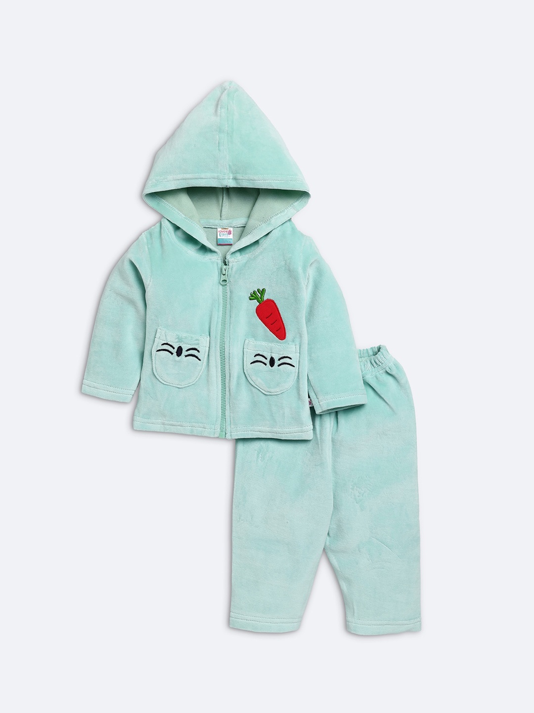 

AMUL Kandyfloss Kids Sea Green Printed Pure Cotton Winter Hooded Night Suit
