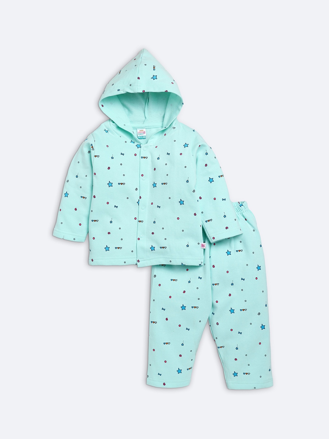 

AMUL Kandyfloss Unisex Kids Turquoise Blue Graphic Printed Hooded Night suit