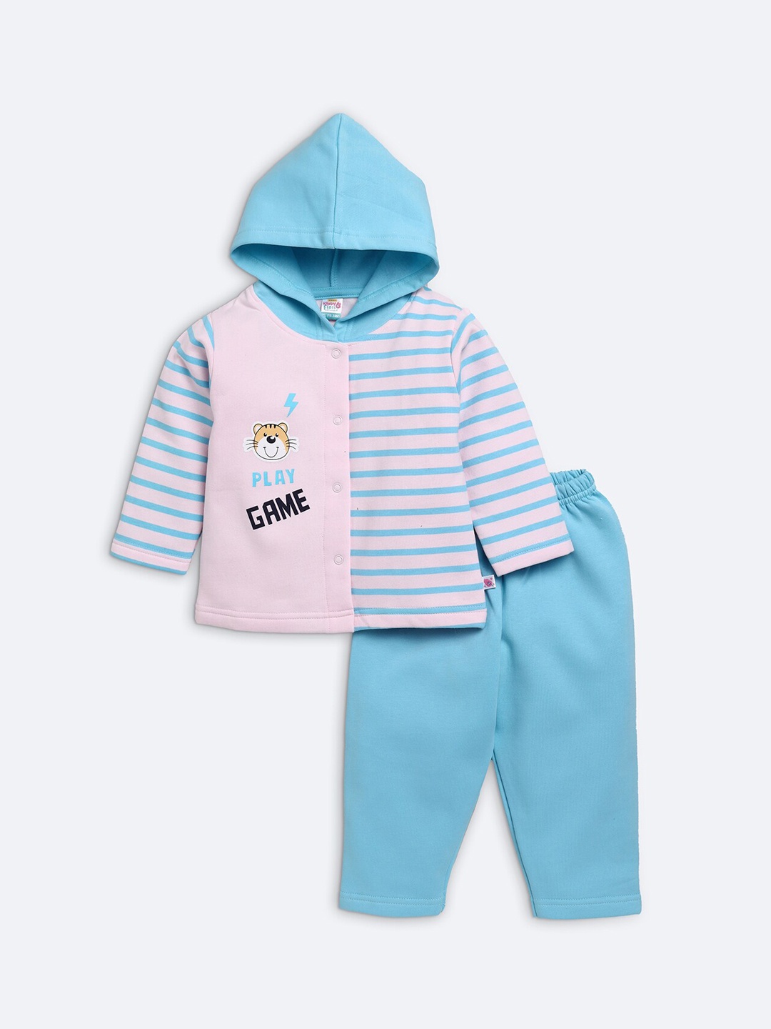 

AMUL Kandyfloss Unisex Kids Blue & Pink Striped Pure Cotton Hoodie Night suit