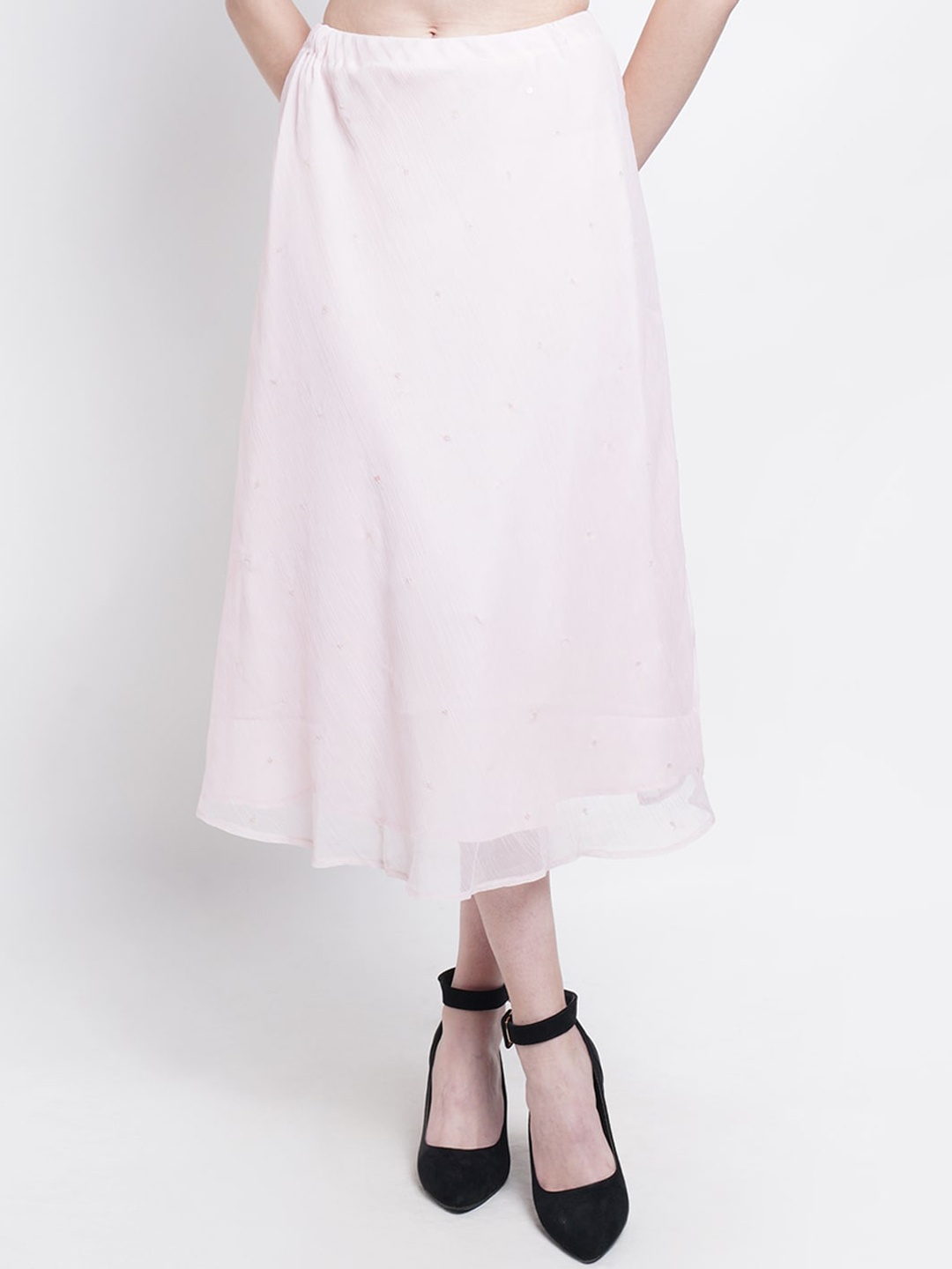 

Purple State Women Pink Solid Midi Length Flared Skirt
