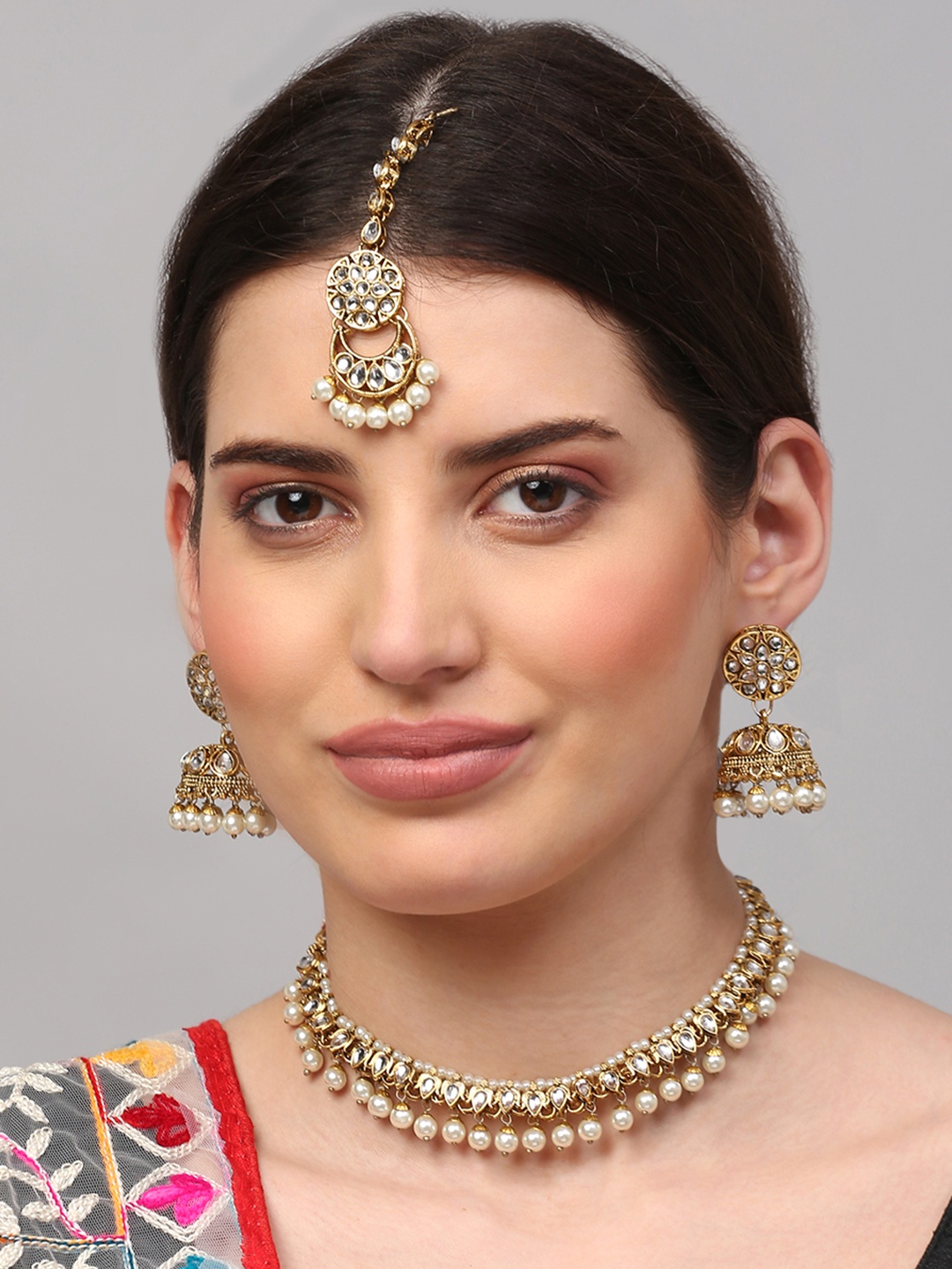 

Yellow Chimes Gold Plated & White Pearl Studded Jewellery Set