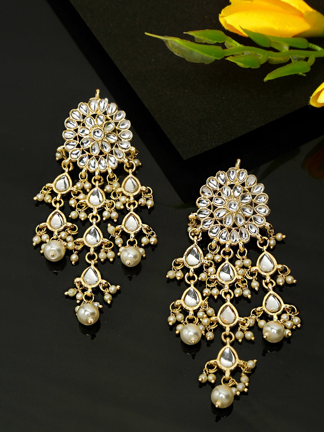 

Yellow Chimes Woman Gold-Toned Kundan Pearl Classic Drop Earrings