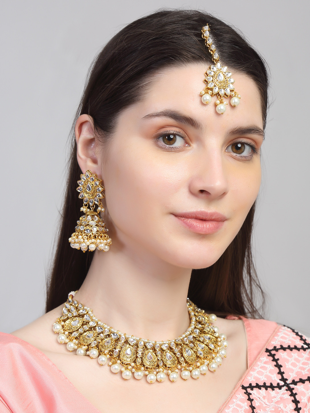 

Yellow Chimes Gold-Plated Pearl & Stone Studded Necklace Jewellery Set