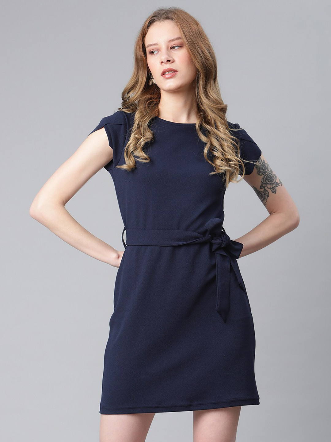 

The Vanca Blue Sheath Mini Belted Dress