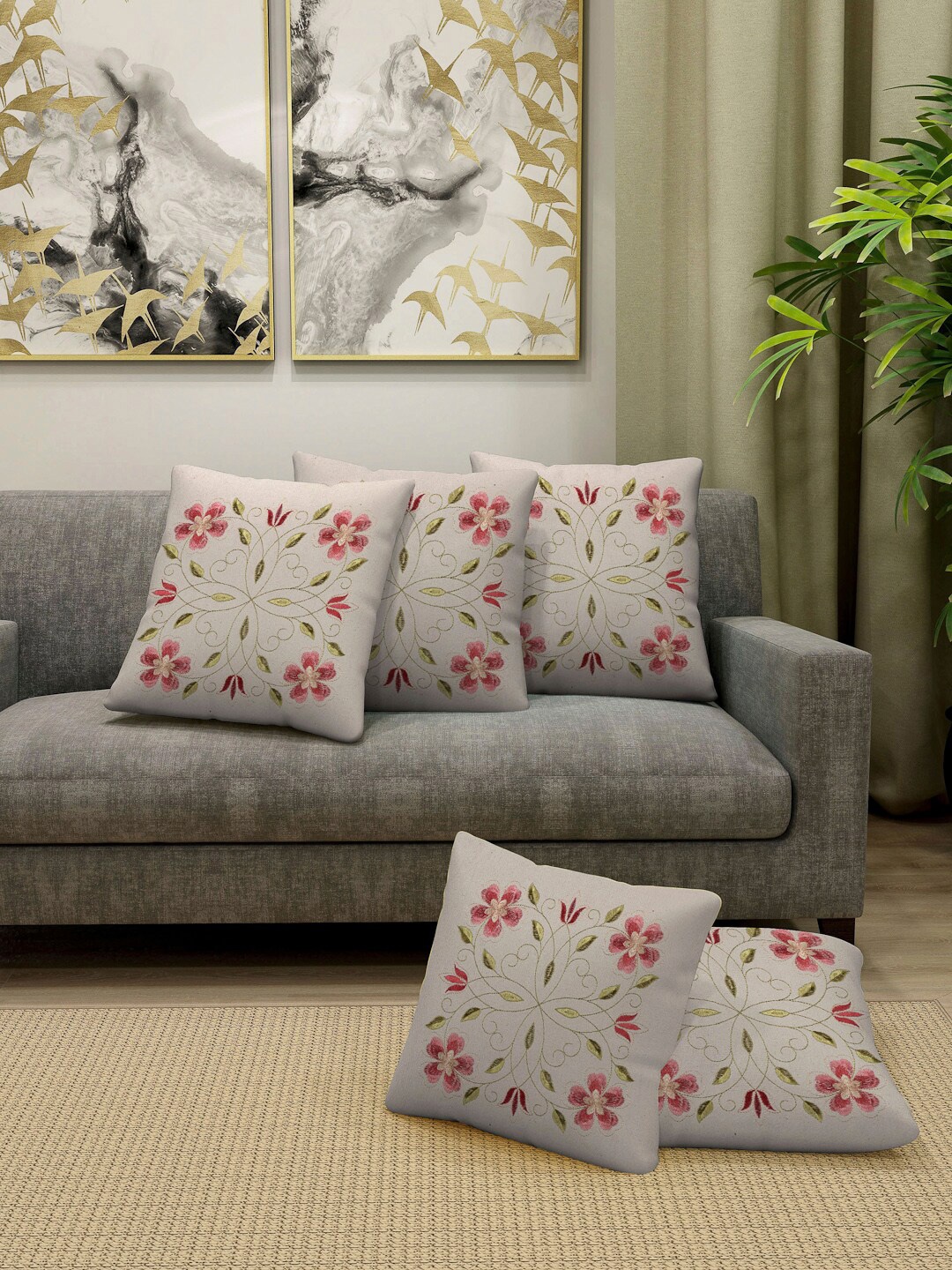 

Arrabi Set of 5 Cream-Coloured & Red Embroidered Square Cushion Covers