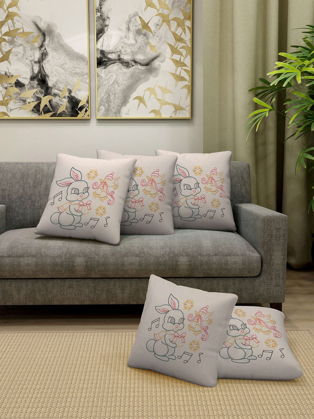 

Arrabi Beige & Blue Set of 5 Embroidered Square Cushion Covers