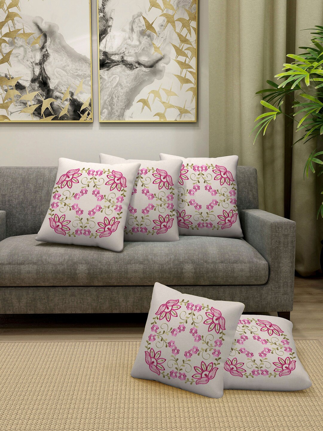 

Arrabi Beige & Pink Set of 5 Handwoven Embroidered Square Cushion Covers