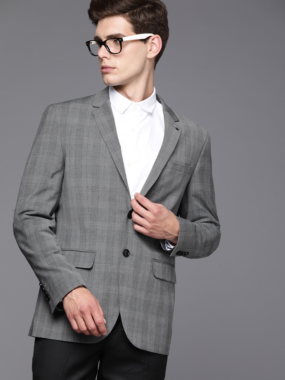

Louis Philippe Permapress Men Grey Checked Single Breasted Formal Blazer