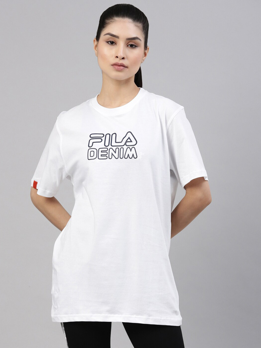 

FILA Women White & Black Typography Printed Cotton T-shirt