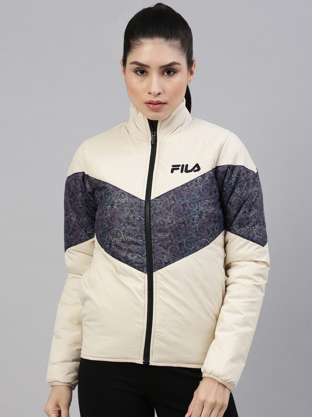 

FILA Women Off White Colourblocked Running Puffer Jacket