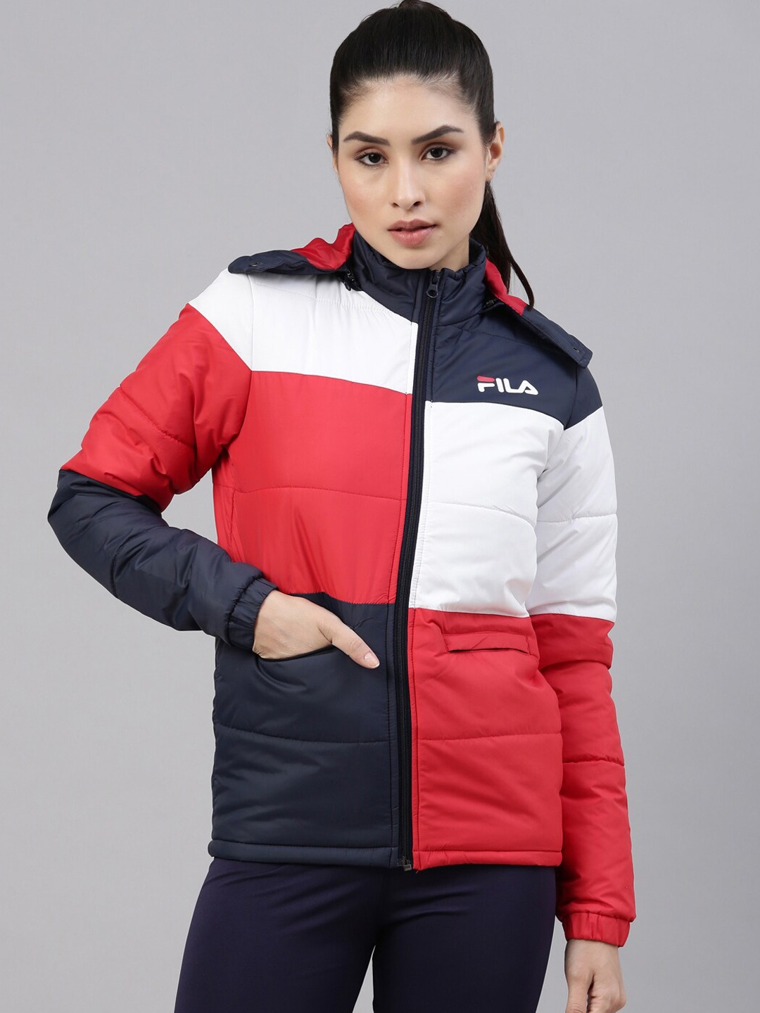 

FILA Women Blue White Colourblocked Running Puffer Jacket