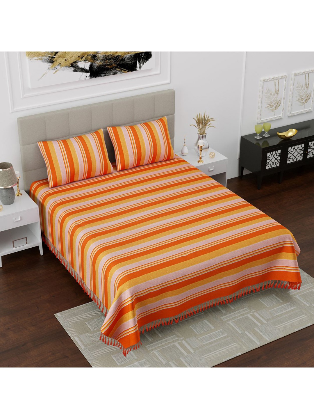 

Varde Orange & White Striped 180 TC King Bedsheet with 2 Pillow Covers