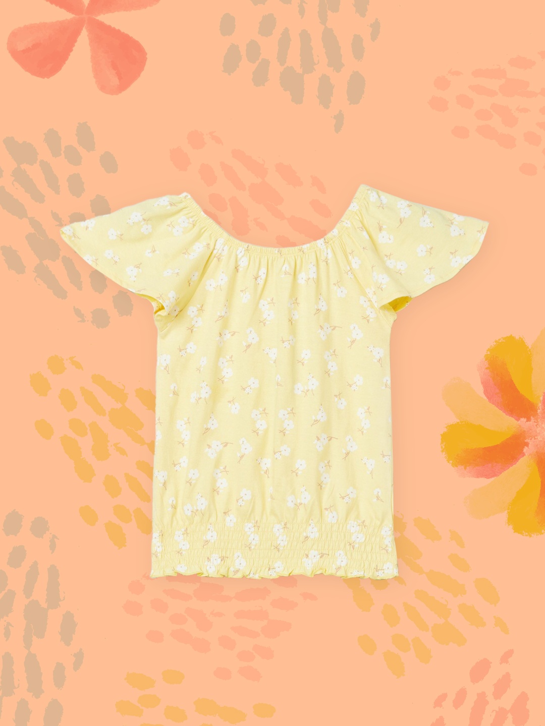 

max Girls Yellow & White Floral Print Off-Shoulder Pure Cotton Blouson Top