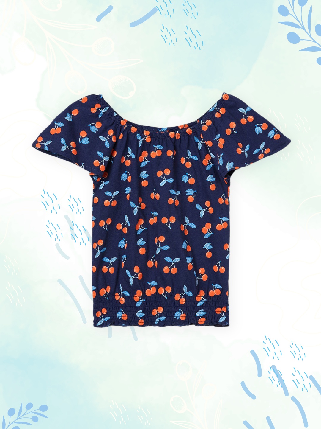 

max Navy Blue Pure Cotton Floral Printed Off-Shoulder Top
