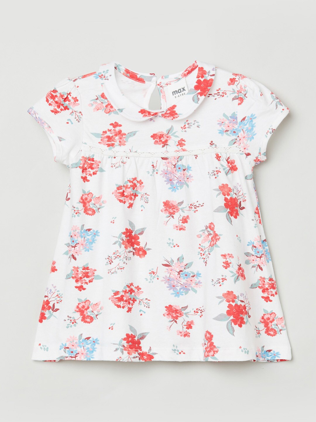 

max Girls White & Red Floral Print Pure Cotton A-line Top