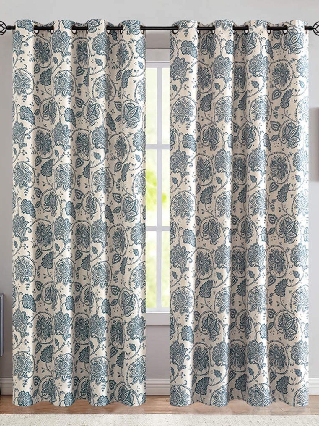 

MODERN HOMES Blue & Off White Set of 2 Floral Long Door Curtain