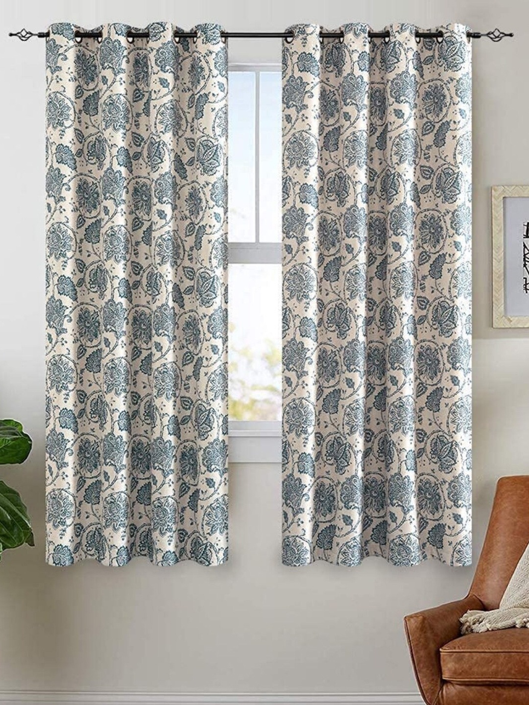 

MODERN HOMES Blue & White Set of 2 Floral Cotton Window Curtain