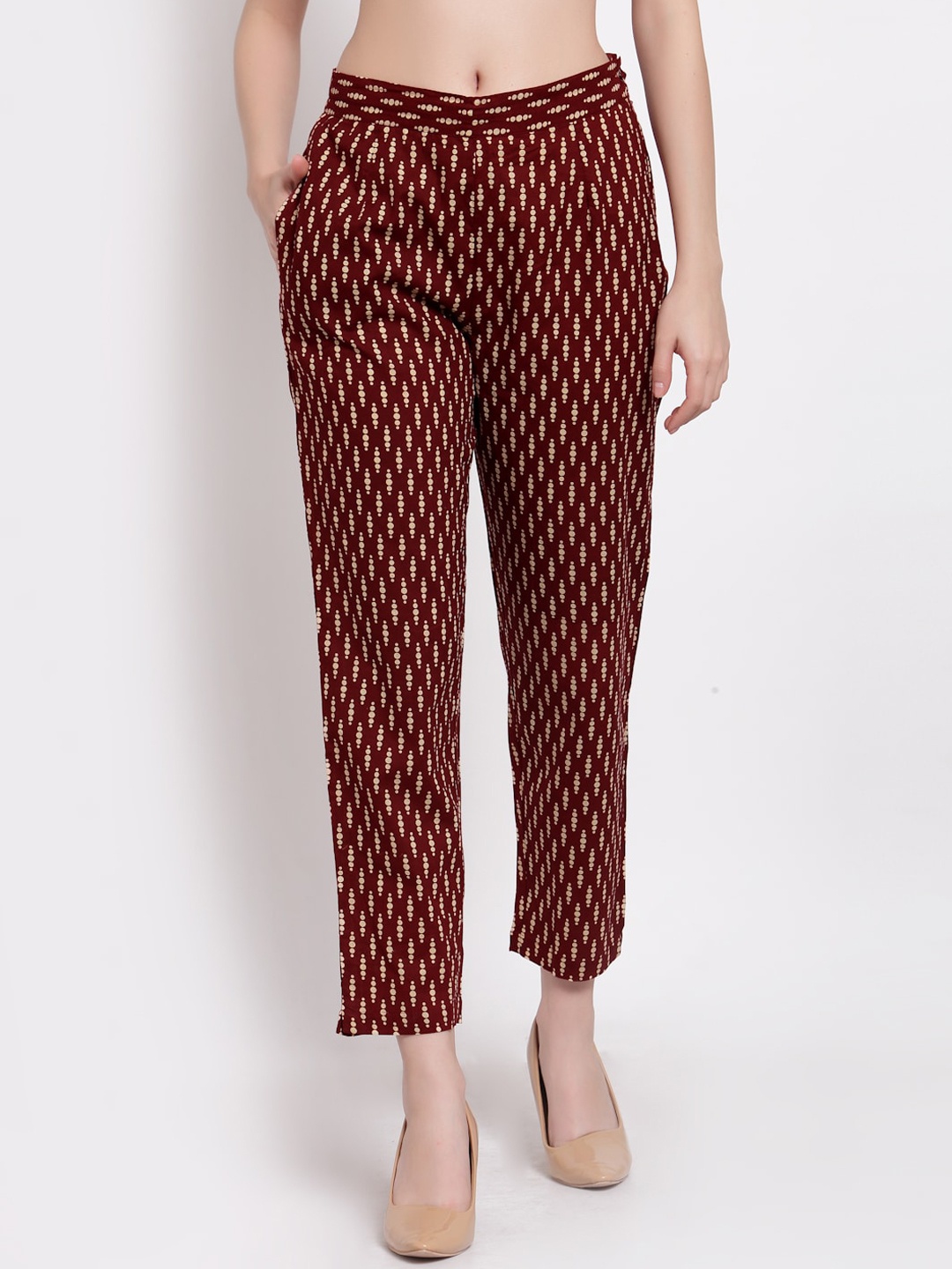 

Indibelle Women Maroon Ethnic Motifs Printed Trousers