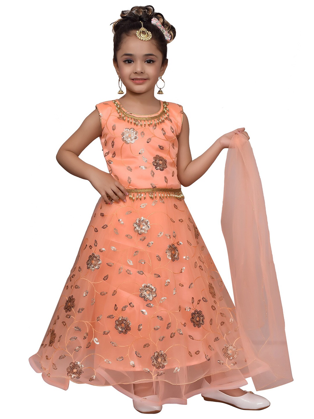 

SKY HEIGHTS Girls Peach & Gold Sequinned Ready to Wear Lehenga & Blouse With Dupatta