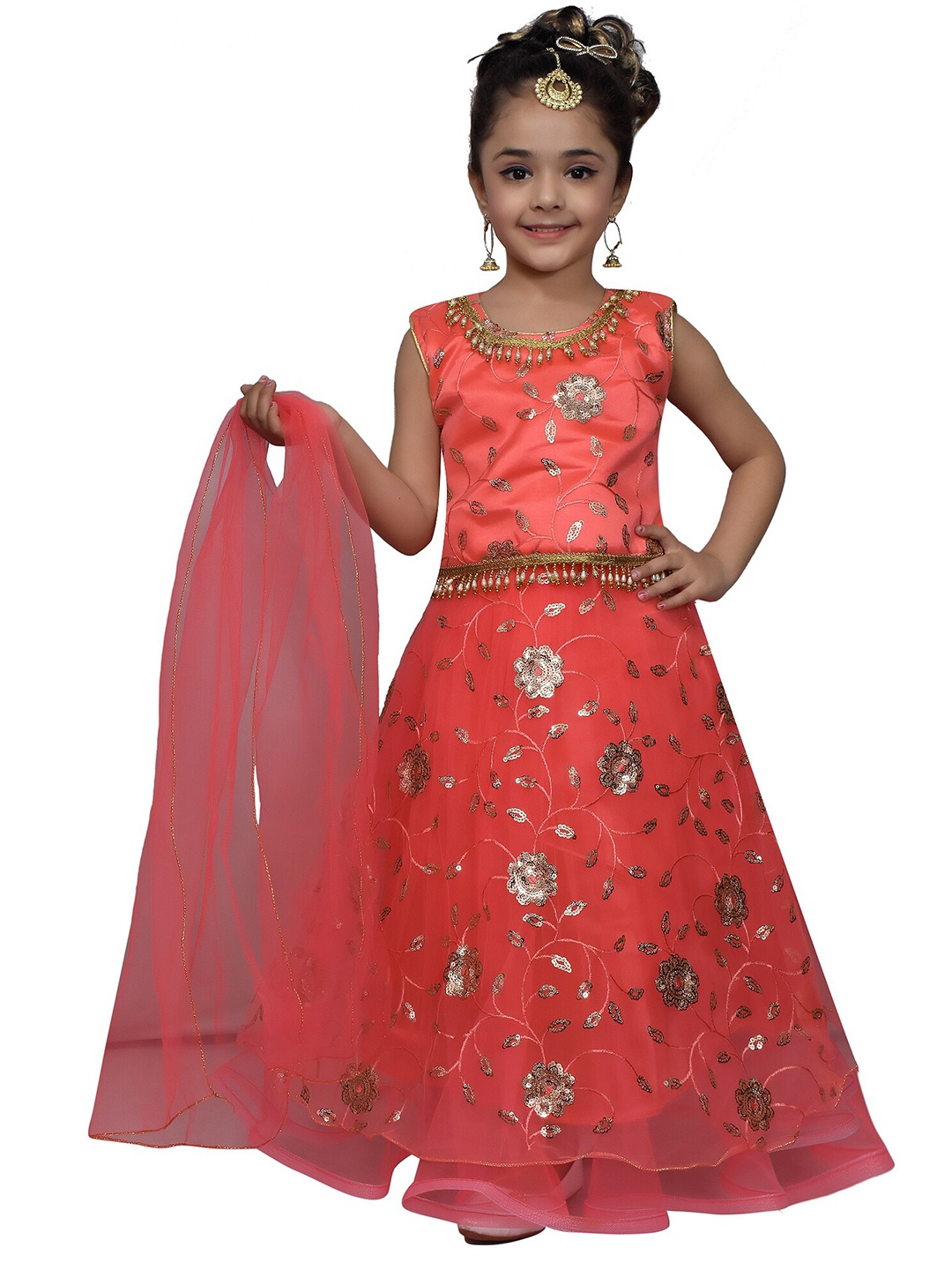 

SKY HEIGHTS Girls Orange & Gold-Toned Embroidered Sequinned Ready to Wear Lehenga & Blouse With Dupatta