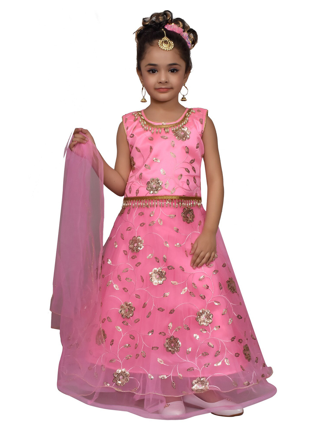 

SKY HEIGHTS Girls Pink & Gold-Toned Embellished Sequinned Ready to Wear Lehenga & Blouse With Dupatta